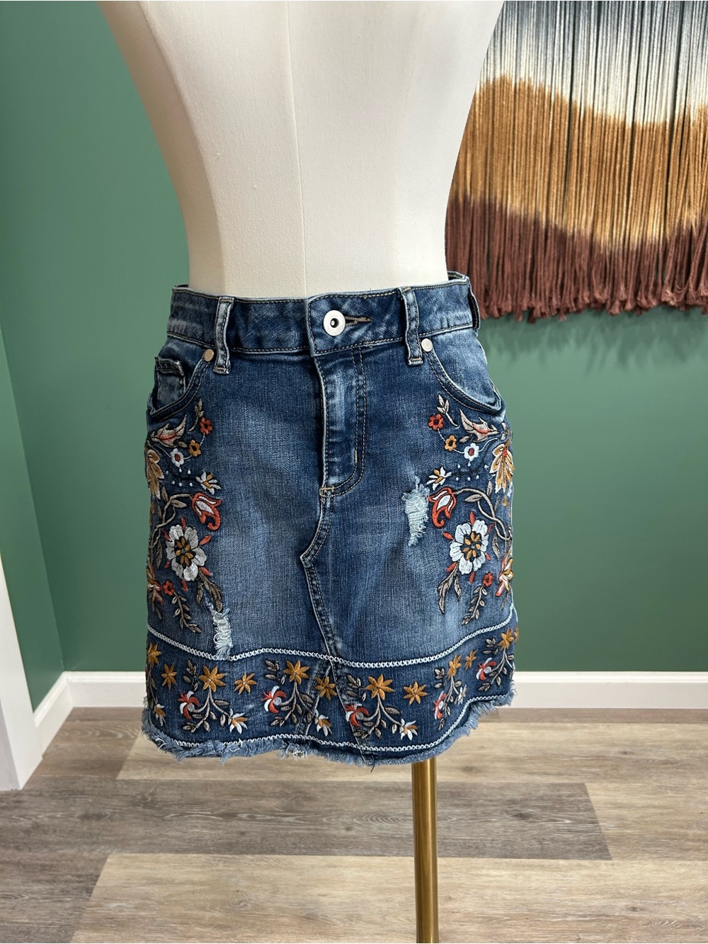 Altar’d State Denim Mini Skirt with Colorful Floral Embroidery - Picture 3 of 9